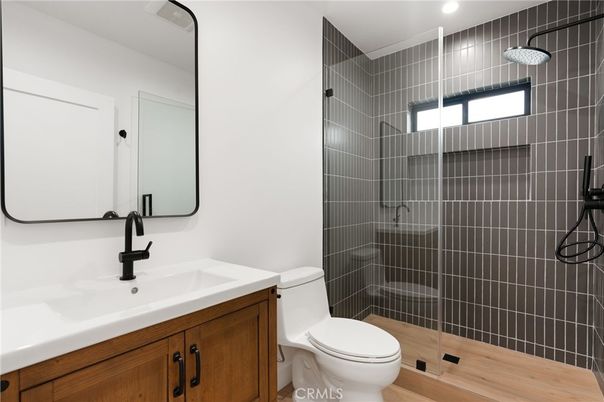 Bathroom, Glass Shower, Interior, Recessed Lighting, Wood Texture Flooring