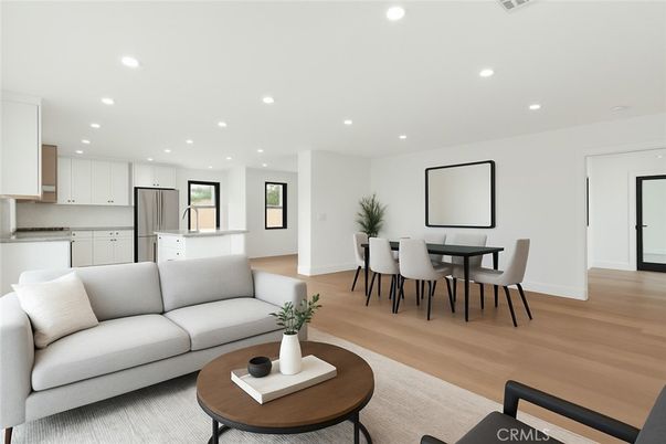 Dining room, Interior, Kitchen, Living room, Recessed Lighting, Wood Texture Flooring