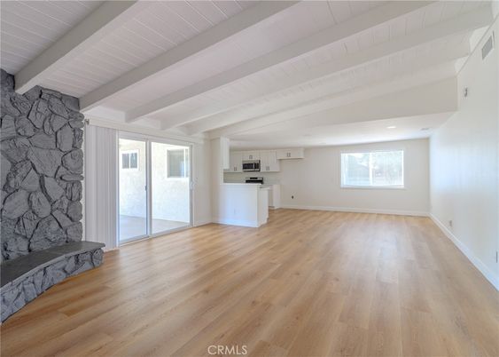Empty room, Interior, Kitchen, Recessed Lighting, Stone Walls, Wood Texture Flooring