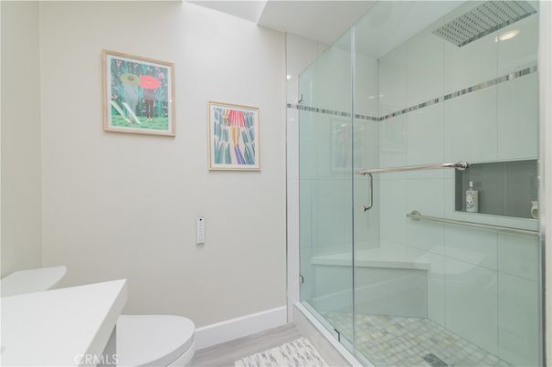 Bathroom, Glass Shower, Interior, Recessed Lighting, Wood Texture Flooring