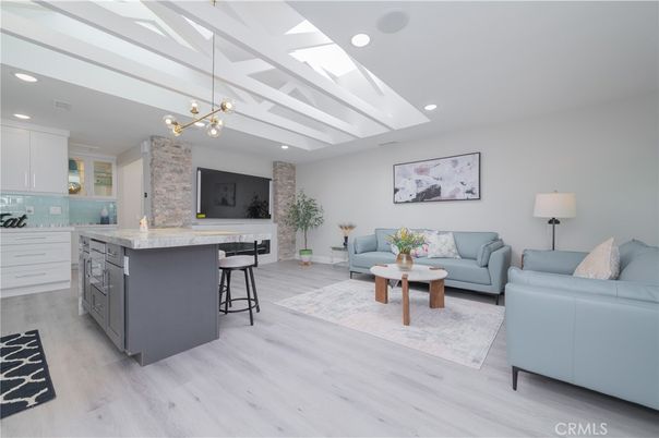 Interior, Kitchen, Living room, Pendant Lights, Recessed Lighting, Stone Walls, Wood Texture Flooring