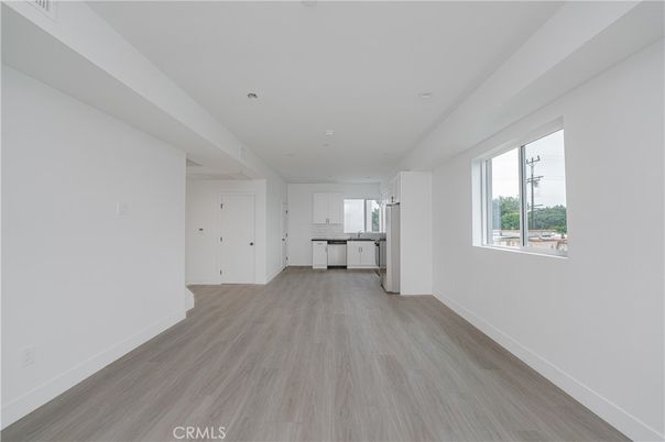 Empty room, Interior, Kitchen, Recessed Lighting, Wood Texture Flooring