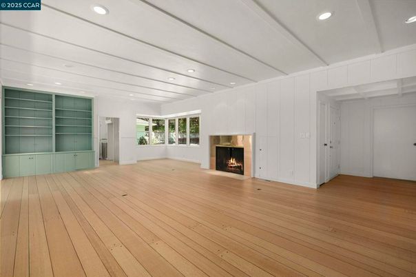 Empty room, Fireplace, Interior, Recessed Lighting, Wood Texture Flooring