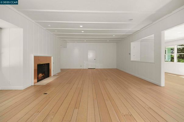 Empty room, Fireplace, Interior, Recessed Lighting, Wood Texture Flooring