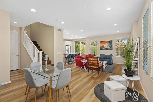 Dining room, Interior, Living room, Recessed Lighting, Wood Texture Flooring
