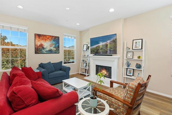 Fireplace, Interior, Living room, Recessed Lighting, Wood Texture Flooring