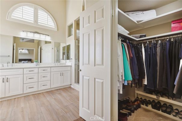 Bathroom, Dual Sink Vanities, Interior, Walk-in Closets, Wood Texture Flooring