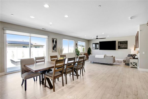 Dining room, Interior, Living room, Recessed Lighting, Wood Texture Flooring