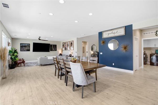 Dining room, Interior, Living room, Recessed Lighting, Wood Texture Flooring
