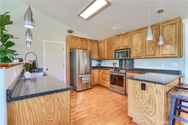 Interior, Kitchen, Pendant Lights, Stainless Steel Appliances, Wood Texture Flooring