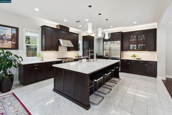 Interior, Kitchen, Marble, Pendant Lights, Recessed Lighting, Stainless Steel Appliances