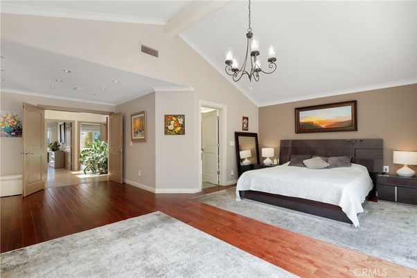 Bedroom, Chandelier, Interior, Recessed Lighting, Wood Texture Flooring