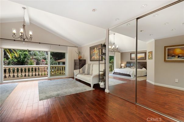 Bedroom, Chandelier, Interior, Recessed Lighting, Wood Texture Flooring