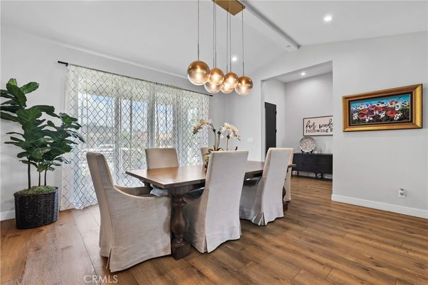 Dining room, Interior, Pendant Lights, Recessed Lighting, Wood Texture Flooring