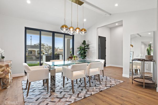 Dining room, Interior, Pendant Lights, Recessed Lighting, Wood Texture Flooring