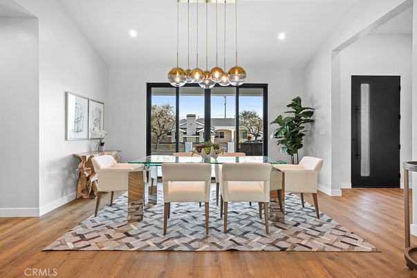 Dining room, Interior, Pendant Lights, Recessed Lighting, Wood Texture Flooring