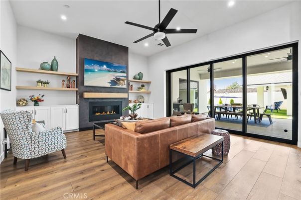 Fireplace, Interior, Living room, Recessed Lighting, Wood Texture Flooring