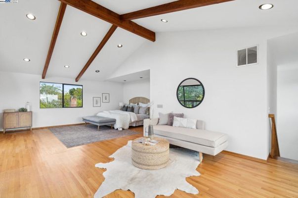 Bedroom, Interior, Recessed Lighting, Wooden Beams, Wood Texture Flooring