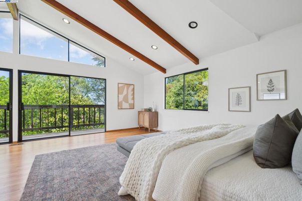 Bedroom, Interior, Recessed Lighting, Wooden Beams, Wood Texture Flooring