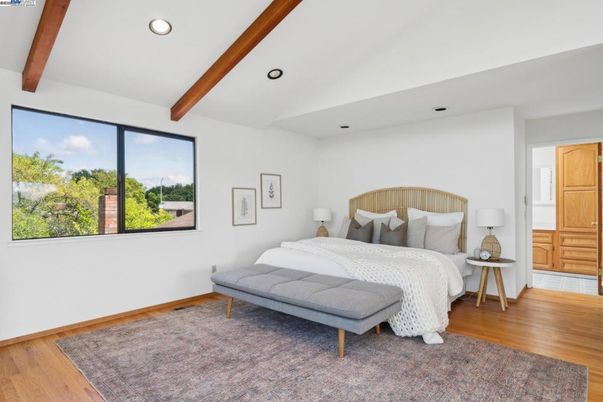 Bedroom, Interior, Recessed Lighting, Wooden Beams, Wood Texture Flooring