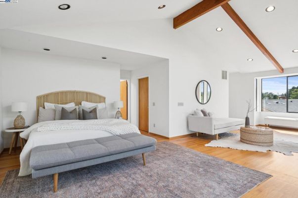 Bedroom, Interior, Recessed Lighting, Wooden Beams, Wood Texture Flooring