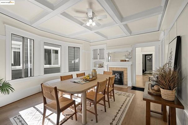 Dining room, Fireplace, Interior, Wood Texture Flooring