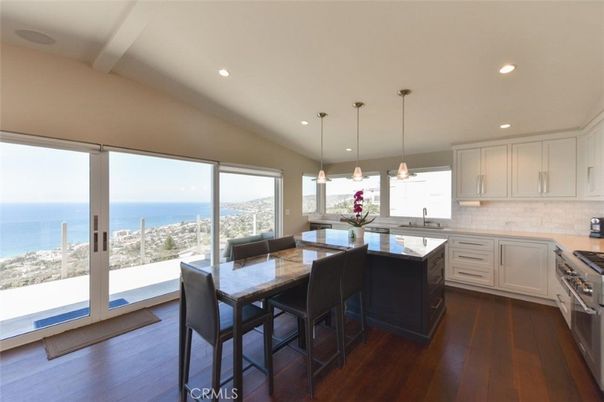 Interior, Kitchen, Pendant Lights, Recessed Lighting, Stainless Steel Appliances, Water, Wood Texture Flooring