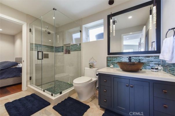 Bathroom, Glass Shower, Interior, Pendant Lights, Recessed Lighting, Wood Texture Flooring