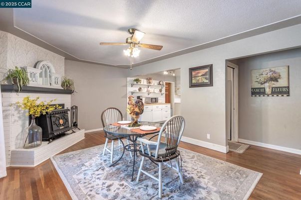Dining room, Fireplace, Interior, Wood Texture Flooring