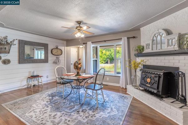 Dining room, Fireplace, Interior, Wood Texture Flooring