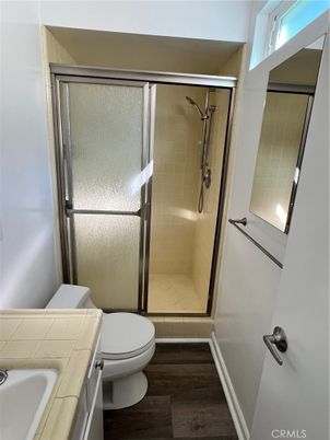 Bathroom, Glass Shower, Interior, Tile Countertops, Wood Texture Flooring