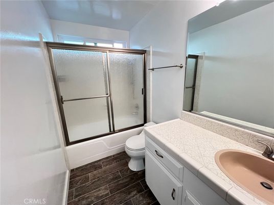 Bathroom, Glass Shower, Interior, Tile Countertops, Wood Texture Flooring