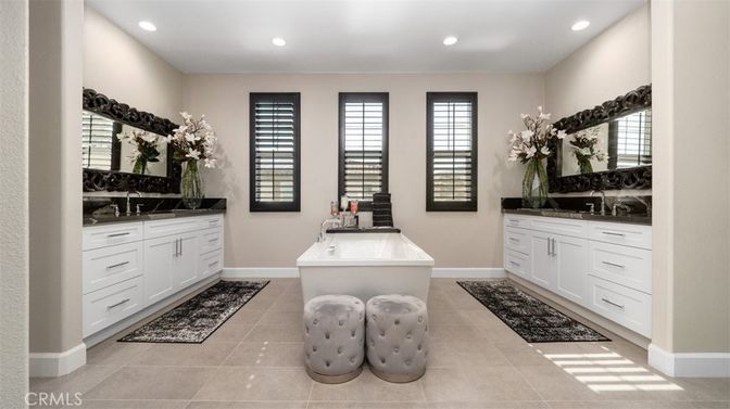 Bathroom, Dual Sink Vanities, Free Standing Baths, Interior, Recessed Lighting