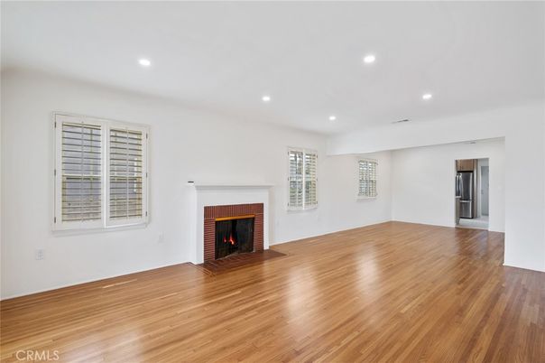 Empty room, Fireplace, Interior, Recessed Lighting, Wood Texture Flooring