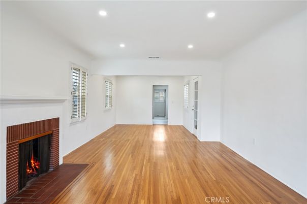 Empty room, Fireplace, Interior, Recessed Lighting, Wood Texture Flooring