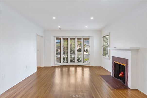 Empty room, Fireplace, Interior, Recessed Lighting, Wood Texture Flooring
