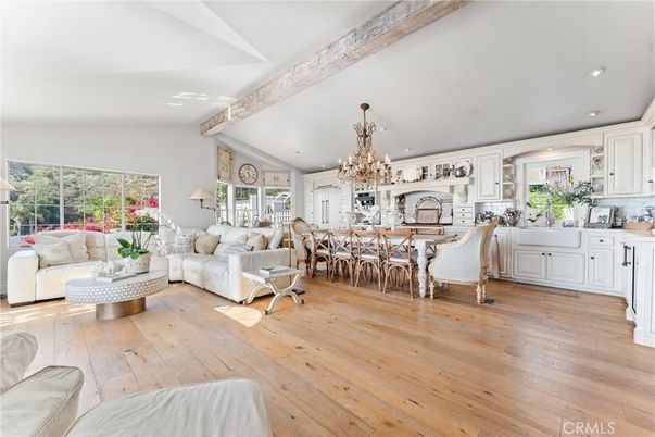 Chandelier, Dining room, Fireplace, Interior, Kitchen, Living room, Recessed Lighting, Wooden Beams, Wood Texture Flooring