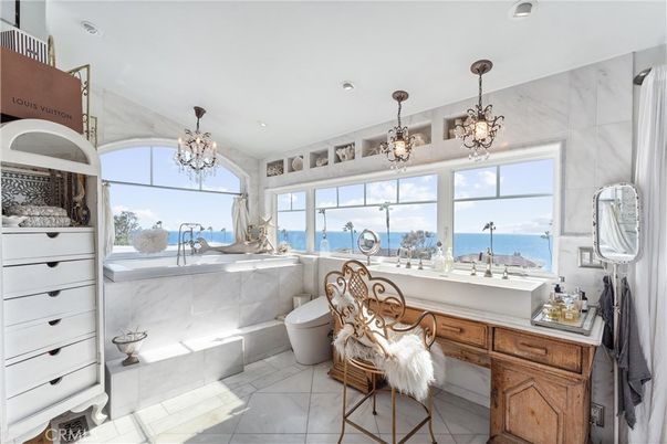 Bathroom, Chandelier, Interior, Marble Walls, Recessed Lighting, Water