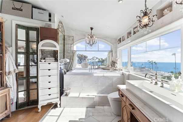 Bathroom, Chandelier, Interior, Recessed Lighting, Water, Wood Texture Flooring