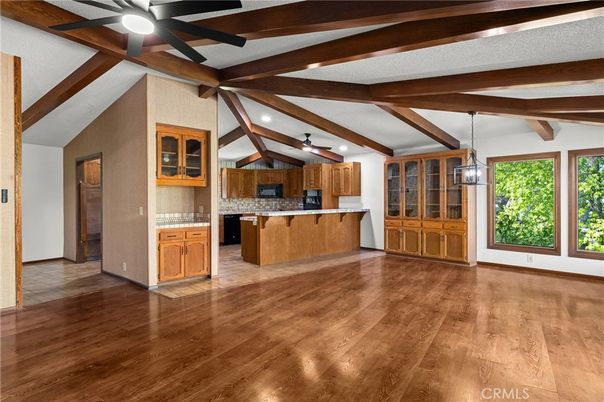 Empty room, Interior, Kitchen, Pendant Lights, Wooden Beams, Wood Texture Flooring