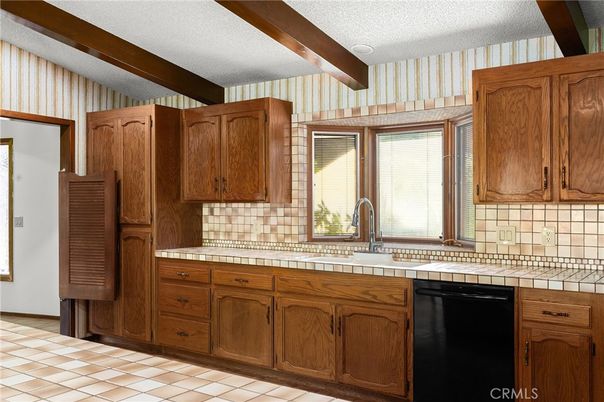 Interior, Kitchen, Tile Countertops, Wooden Beams