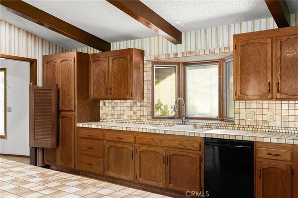 Interior, Kitchen, Tile Countertops, Wooden Beams