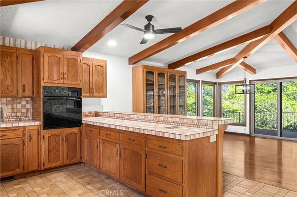 Interior, Kitchen, Recessed Lighting, Tile Countertops, Wooden Beams, Wood Texture Flooring