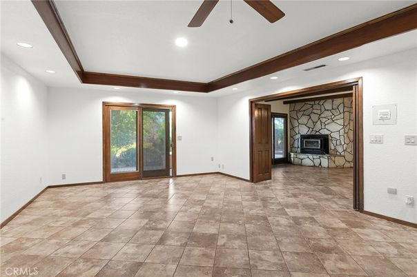 Empty room, Fireplace, Interior, Recessed Lighting, Stone Walls