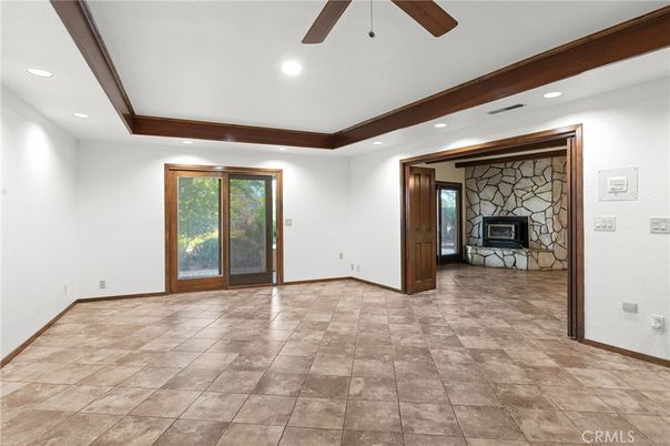 Empty room, Fireplace, Interior, Recessed Lighting, Stone Walls