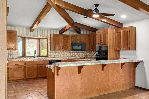 Interior, Kitchen, Recessed Lighting, Tile Countertops, Wooden Beams