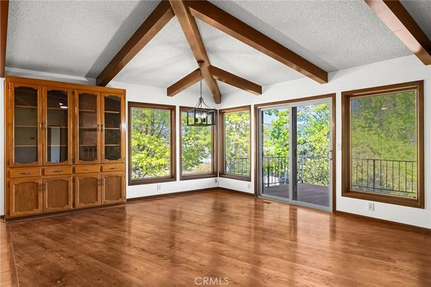 Empty room, Interior, Pendant Lights, Wooden Beams, Wood Texture Flooring