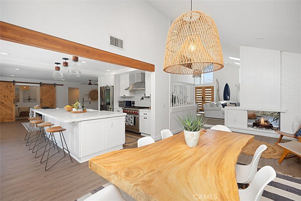 Dining room, Interior, Pendant Lights, Recessed Lighting, Wood Texture Flooring