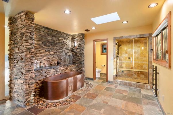Bathroom, Glass Shower, Interior, Recessed Lighting, Stone Walls