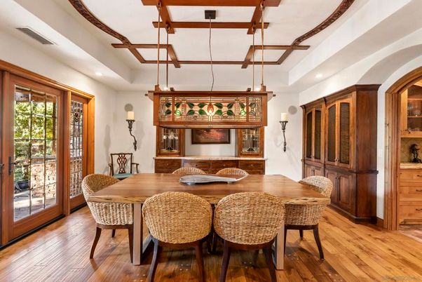 Dining room, Interior, Pendant Lights, Wooden Beams, Wood Texture Flooring